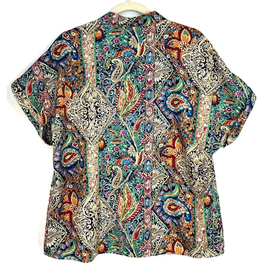 Multicolor Paisley Notch Collar Short Sleeve Blouse Boho Festival Maximalist XL - Picture 2 of 11